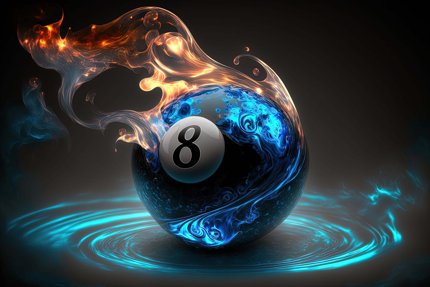 ai generated 8 ball on fire and swirling in a wet pool of blue water