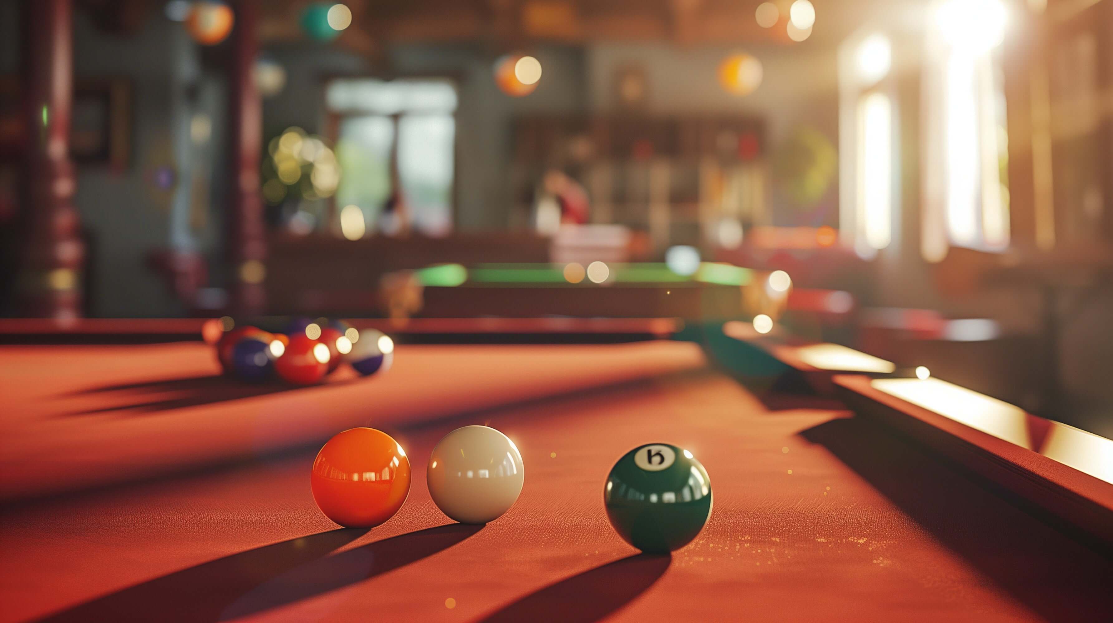 241 Banner showing pool table and lights coming through window onto professional table