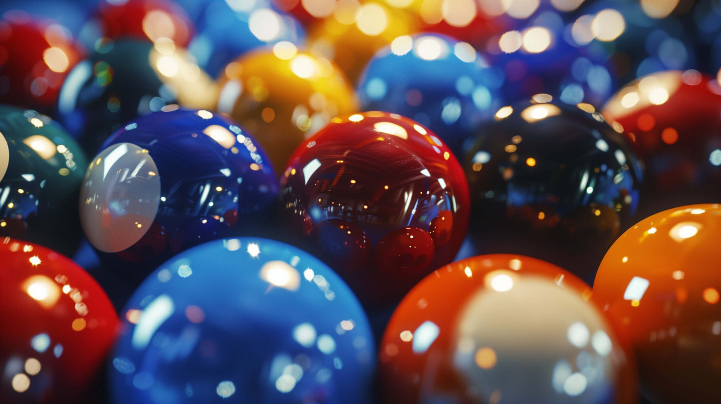 table of pool balls with tight rack and reflections