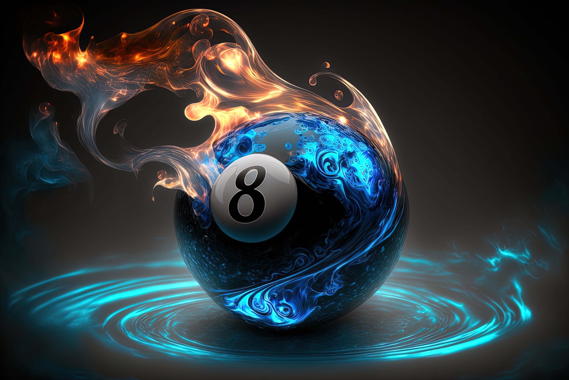 ai generated 8 ball on fire and swirling in a wet pool of blue water